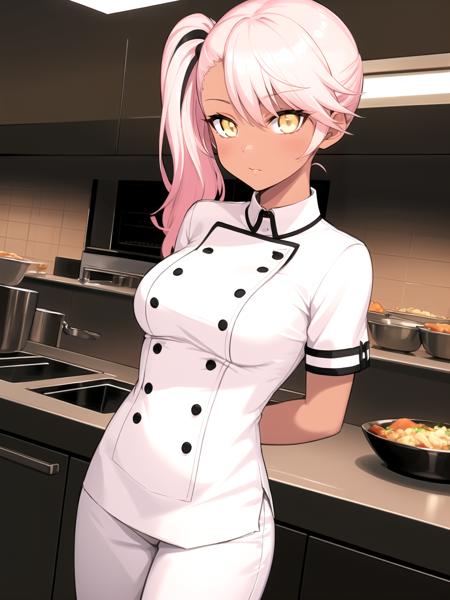 2379165795-masterpiece, best quality, 1girl, solo, dschloe, pink hair, side ponytail, yellow eyes, dark-skinned female, white chef uniform,.png